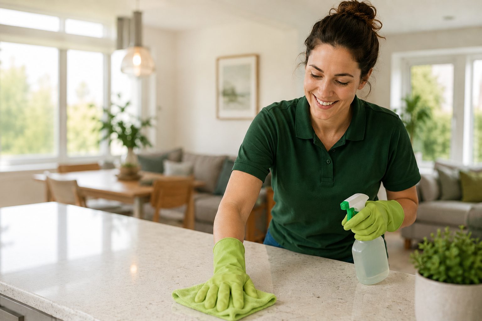Apple Fresh cleaner in branded uniform wiping down a kitchen countertop