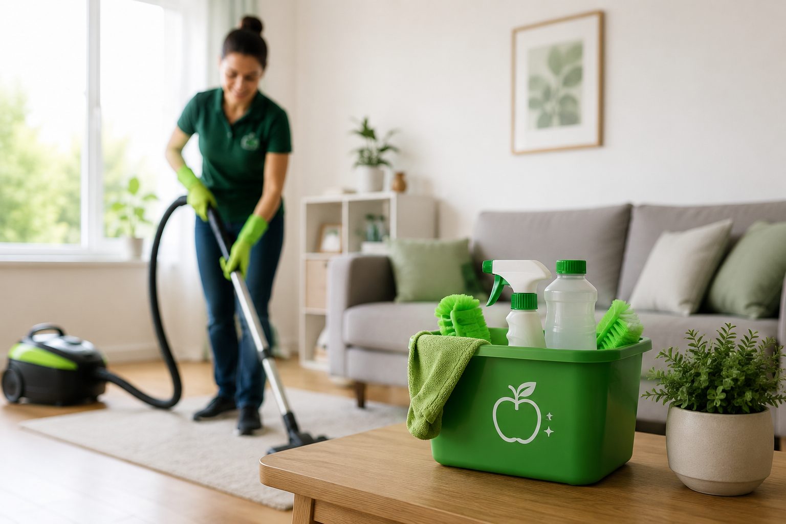 Apple Fresh cleaner vacuuming a living room, with a branded cleaning caddy on the coffee table