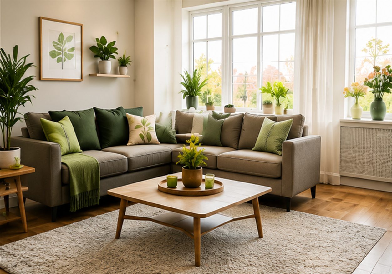 Tidy, freshly cleaned living room with green soft furnishings