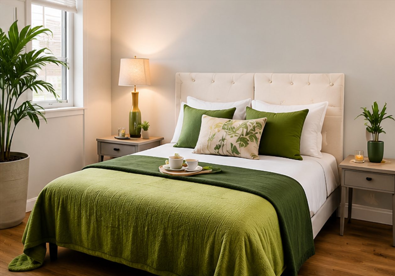 Neatly made bedroom freshly cleaned and styled