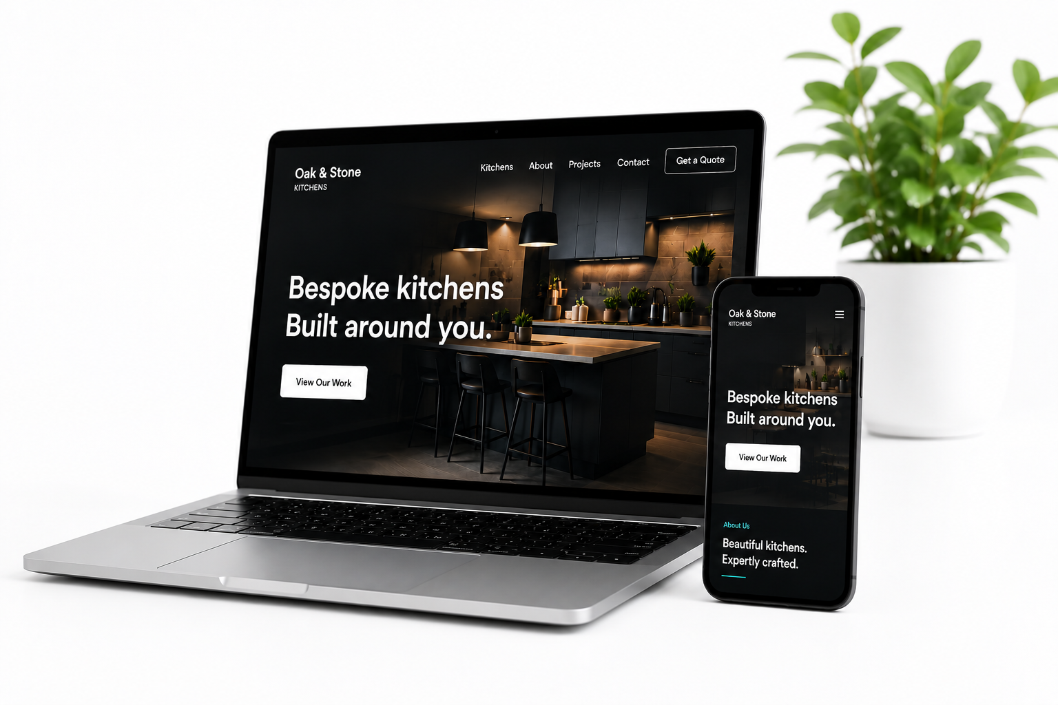 Example website shown on laptop and mobile — a bespoke kitchens business site