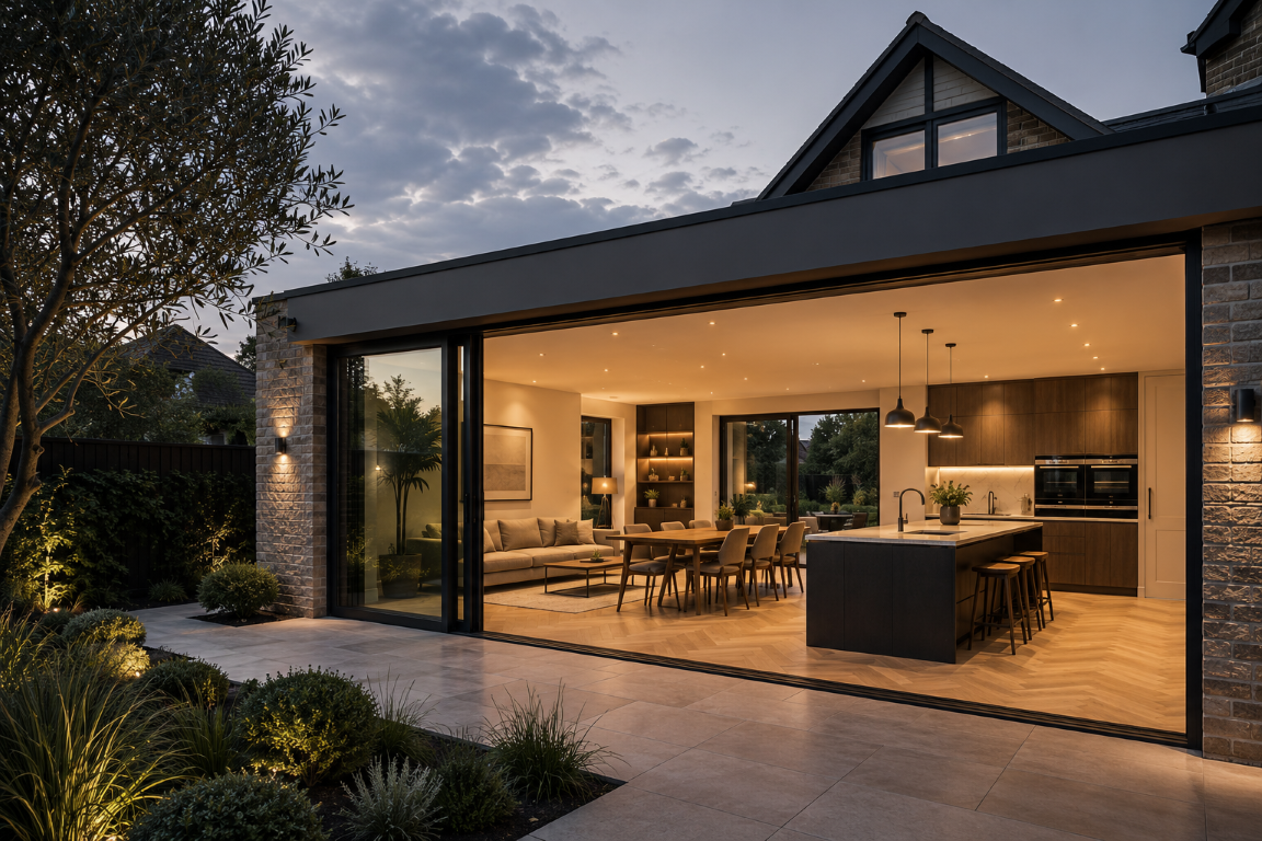 Stunning open-plan kitchen extension with bi-fold doors leading to a landscaped garden