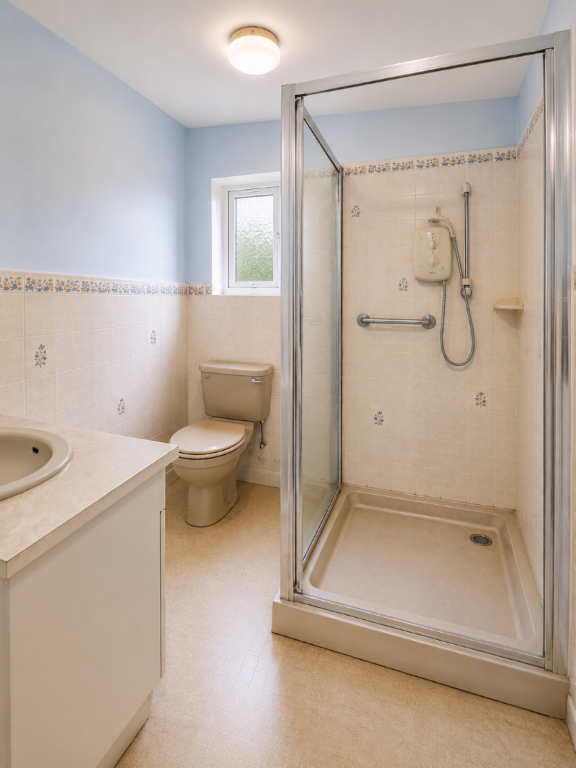 Before: dated bathroom with old tiles and shower enclosure