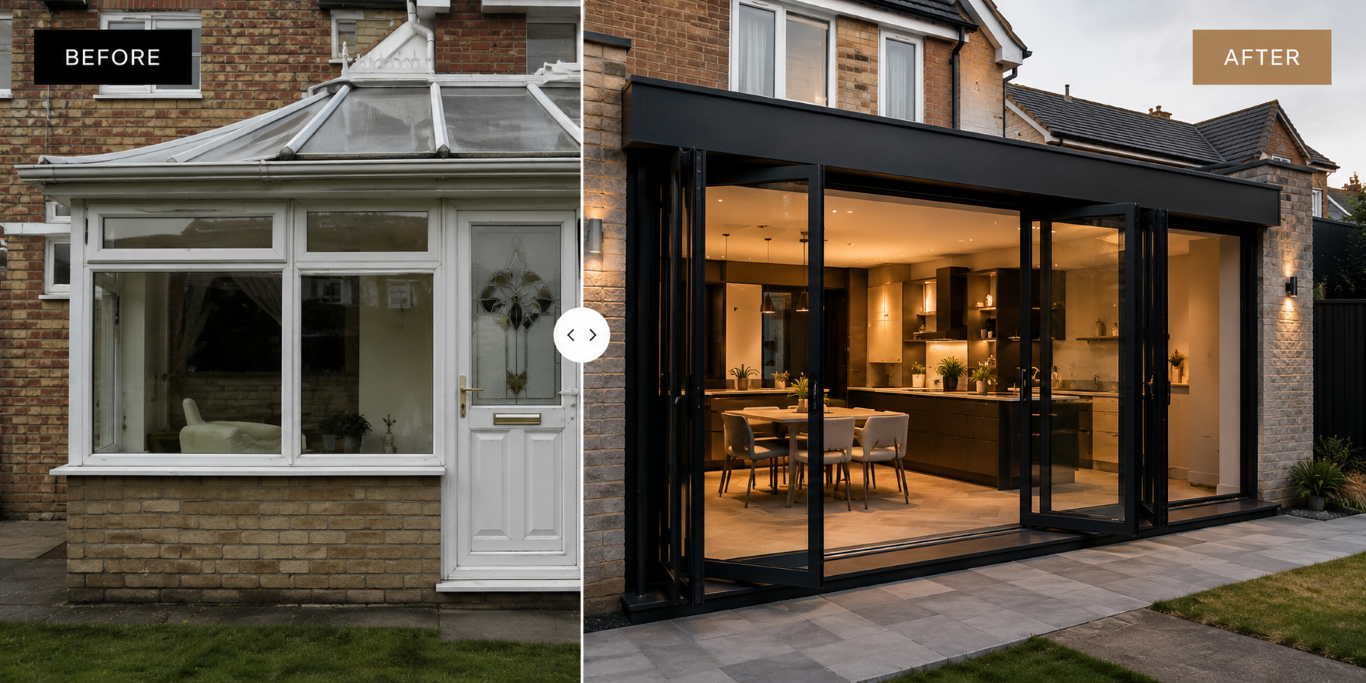Evening exterior of a completed home extension showing warm interior lighting