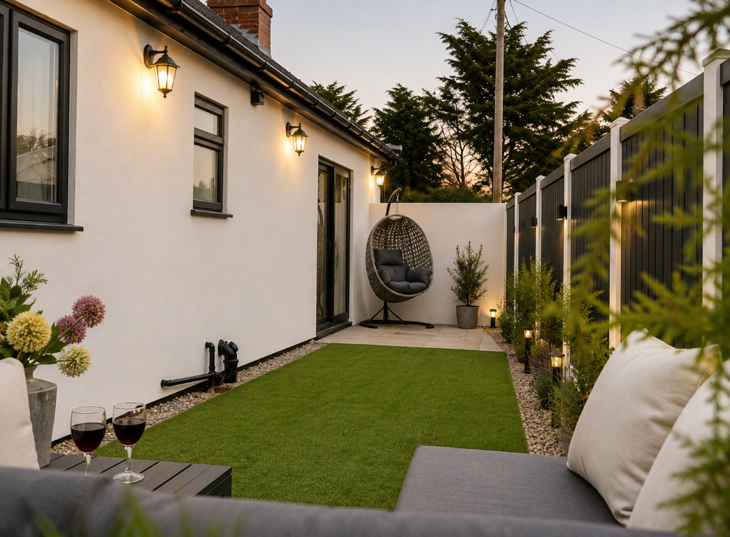 Contemporary glazed side-return extension at dusk