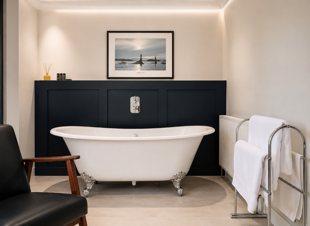 Luxury bathroom renovation with freestanding bath
